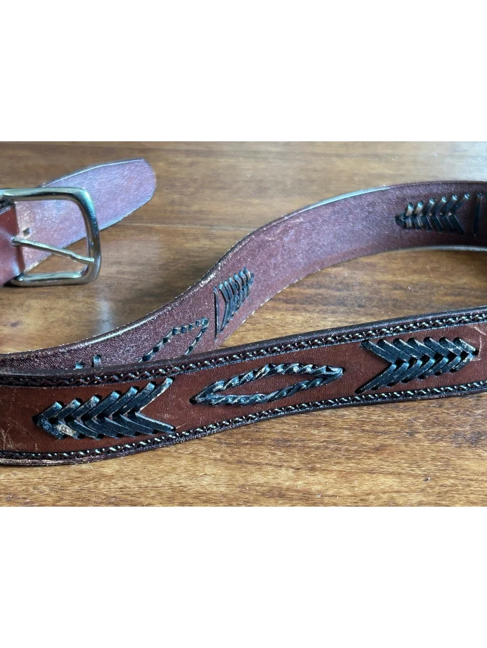 Brown Genuine Leather Belt with Black Embossed Arrow Design Size 44
